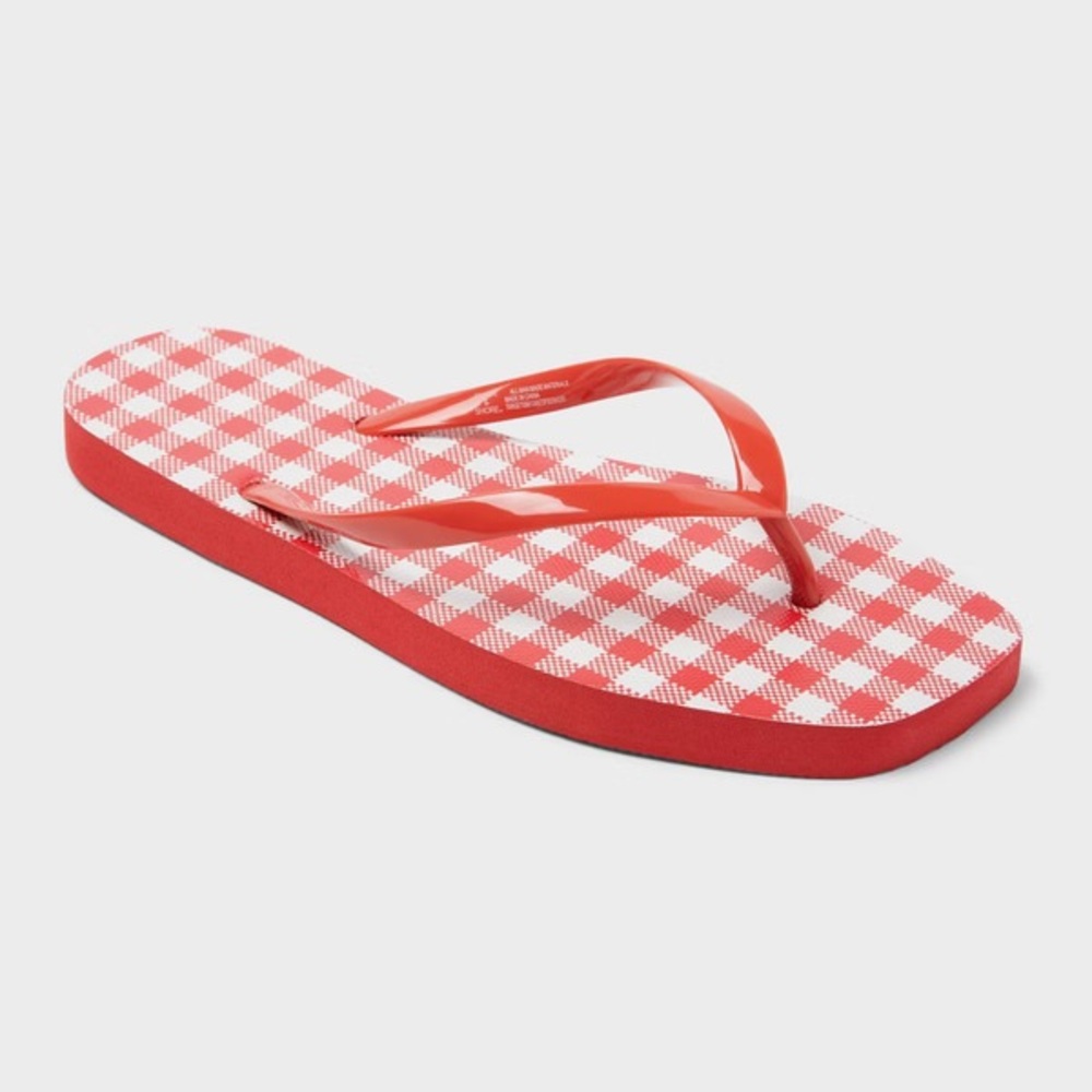 Shade & Shore Women's Palmer Gingham Square Toe Flip Flops in Cherry Red NWT